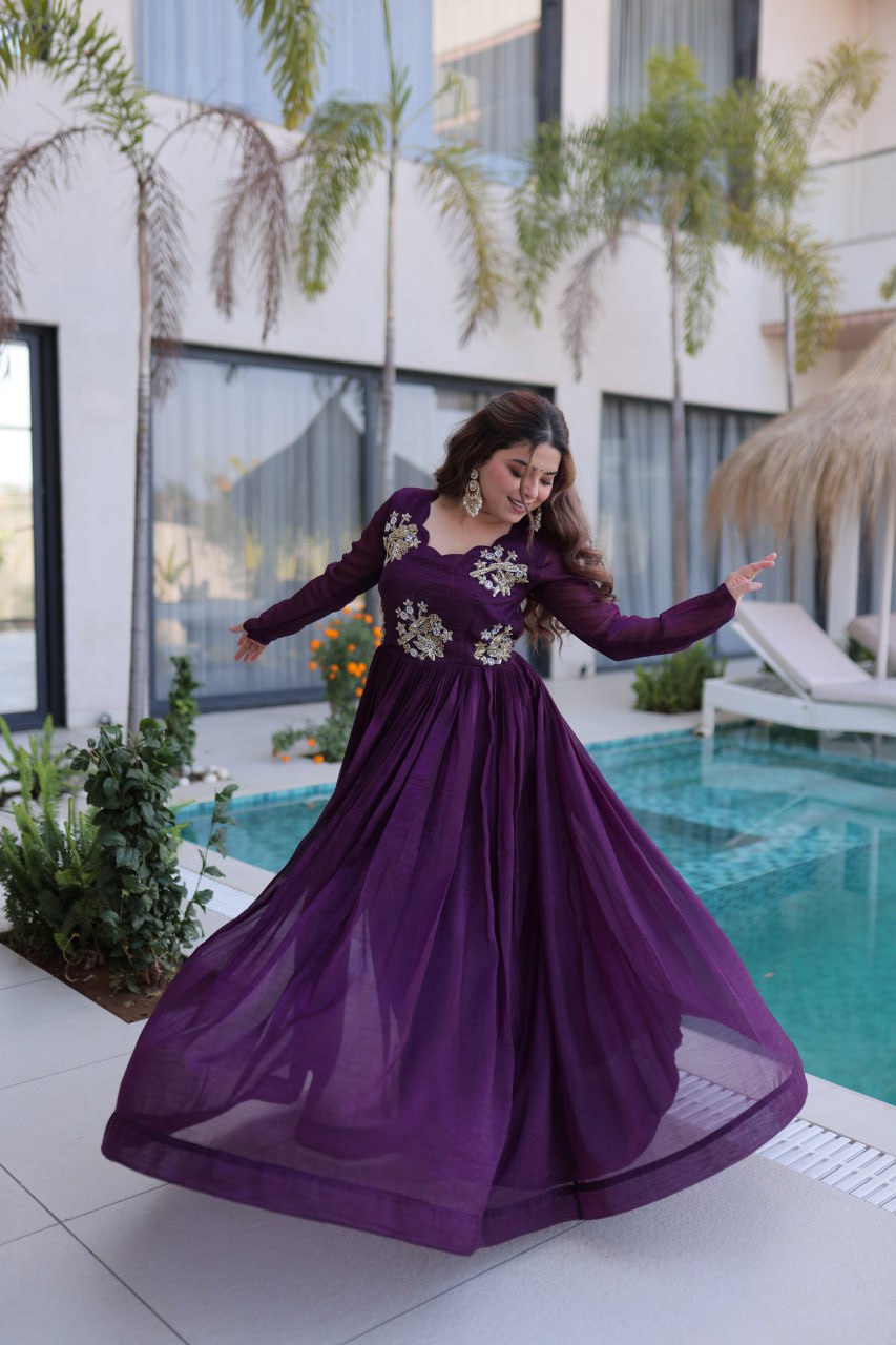 Stylish Silver Crunchy Fabric Beads Work Party Wear Gown Set
