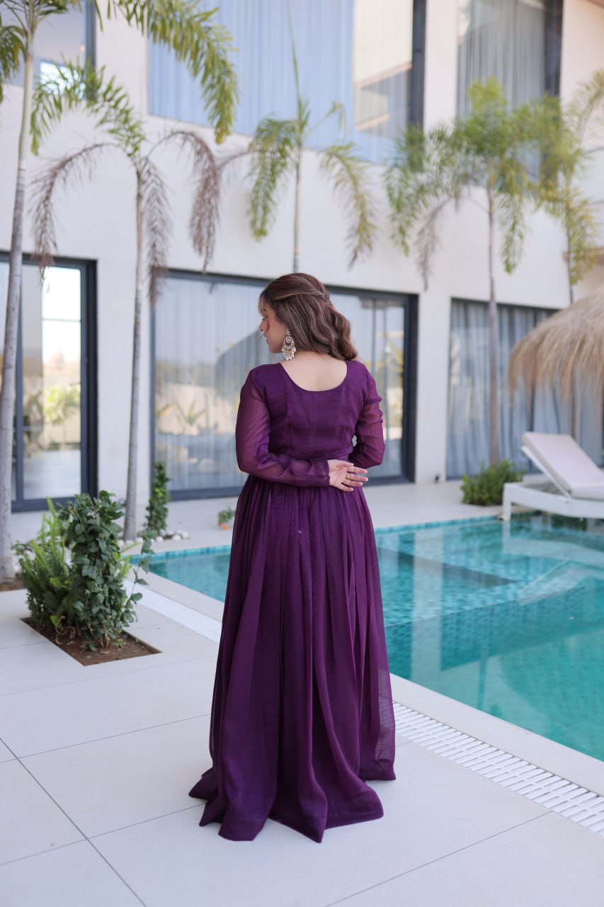 Stylish Silver Crunchy Fabric Beads Work Party Wear Gown Set
