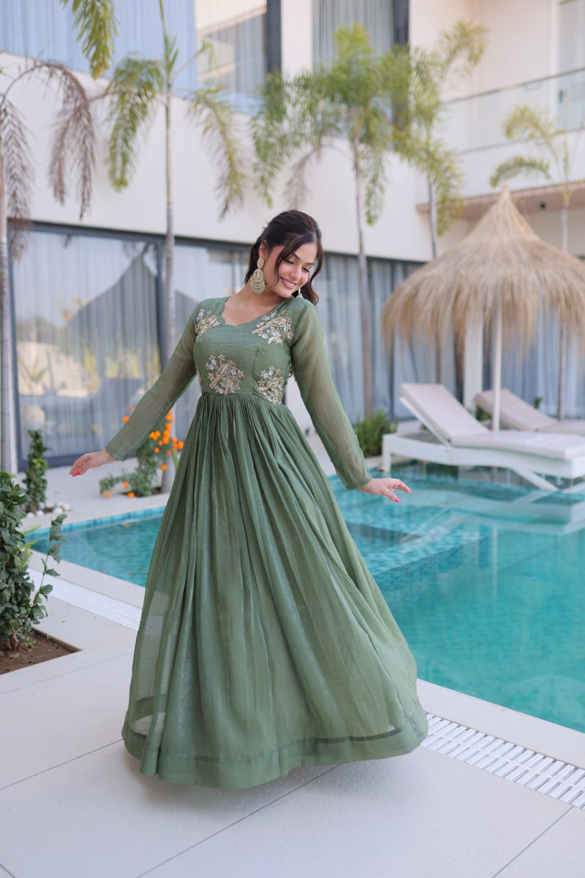 Stylish Silver Crunchy Fabric Beads Work Party Wear Gown Set
