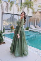 Stylish Silver Crunchy Fabric Beads Work Party Wear Gown Set

