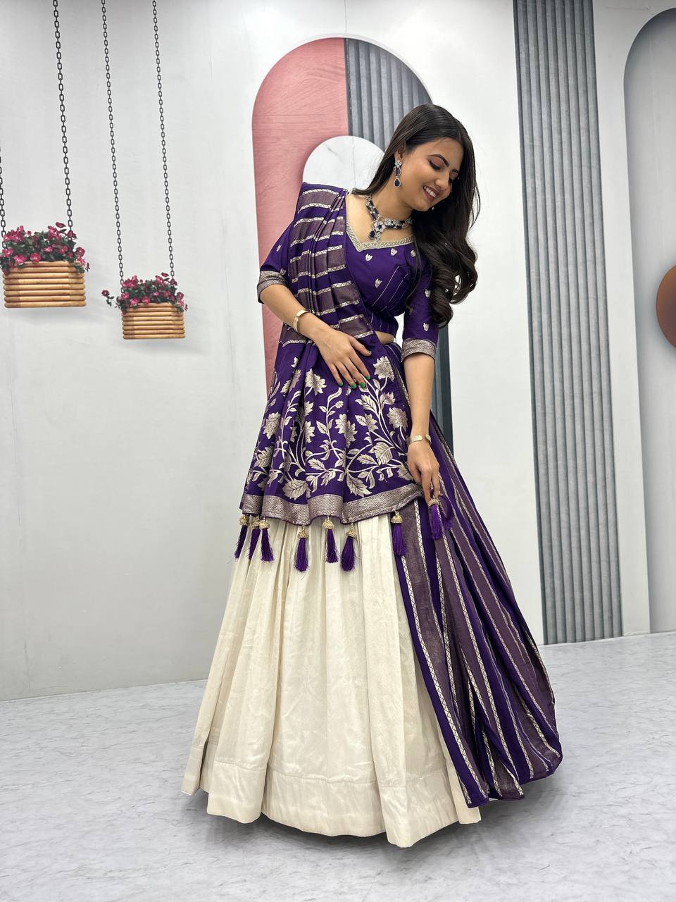 Luxury Pure Simar Silk Lehenga Choli with Flowing Long Dupatta