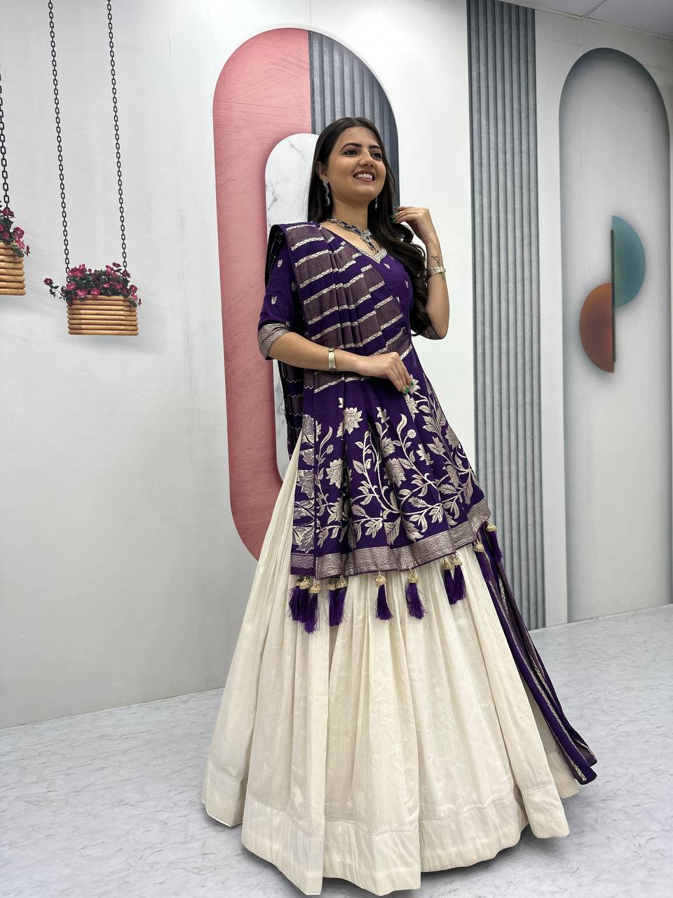 Luxury Pure Simar Silk Lehenga Choli with Flowing Long Dupatta