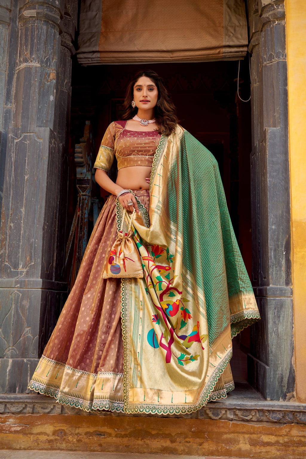 Elegant Simmer Organza Zari Work Lehenga Set With Batwa For Women
