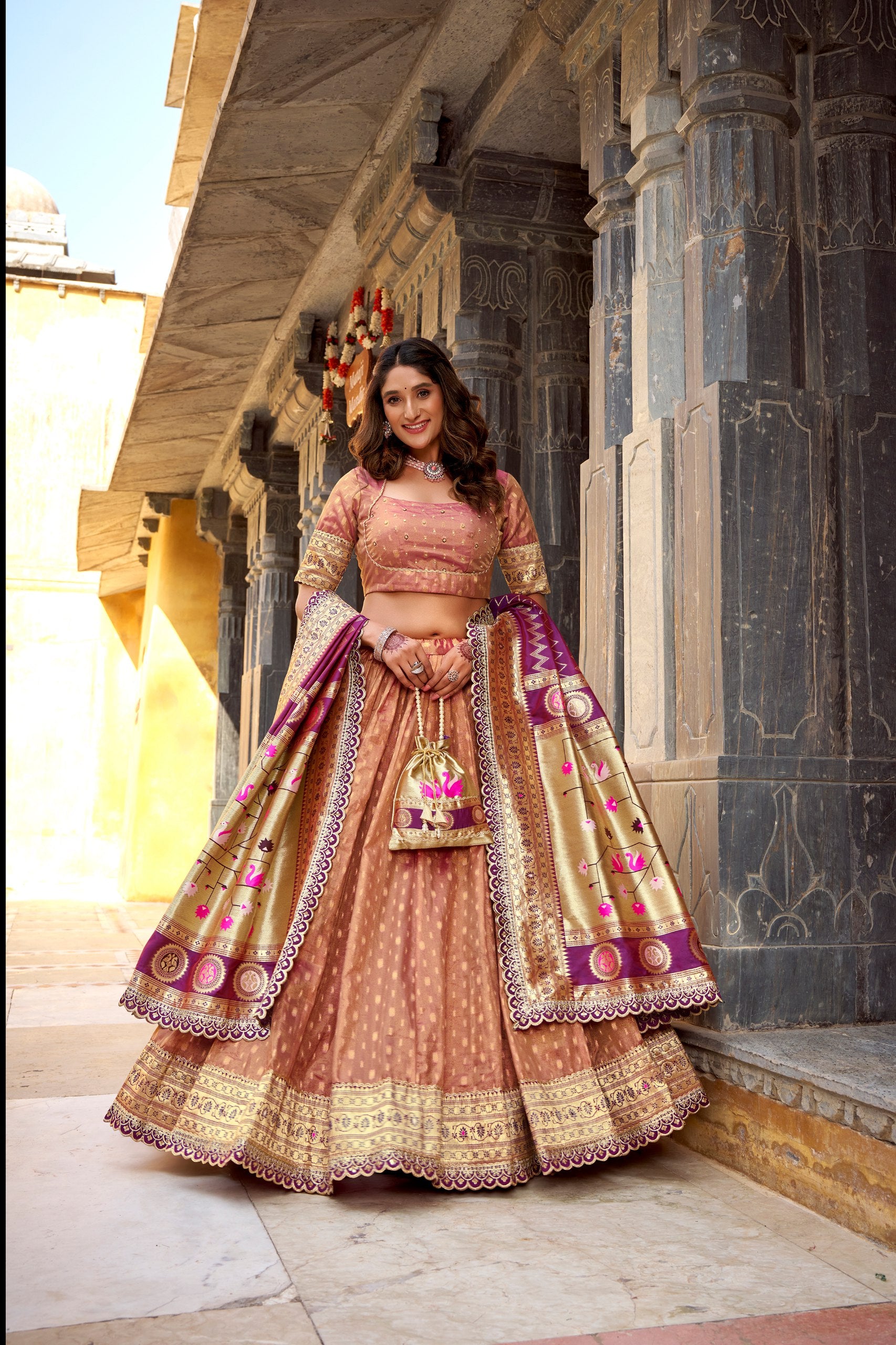 Elegant Simmer Organza Zari Work Lehenga Set With Batwa For Women
