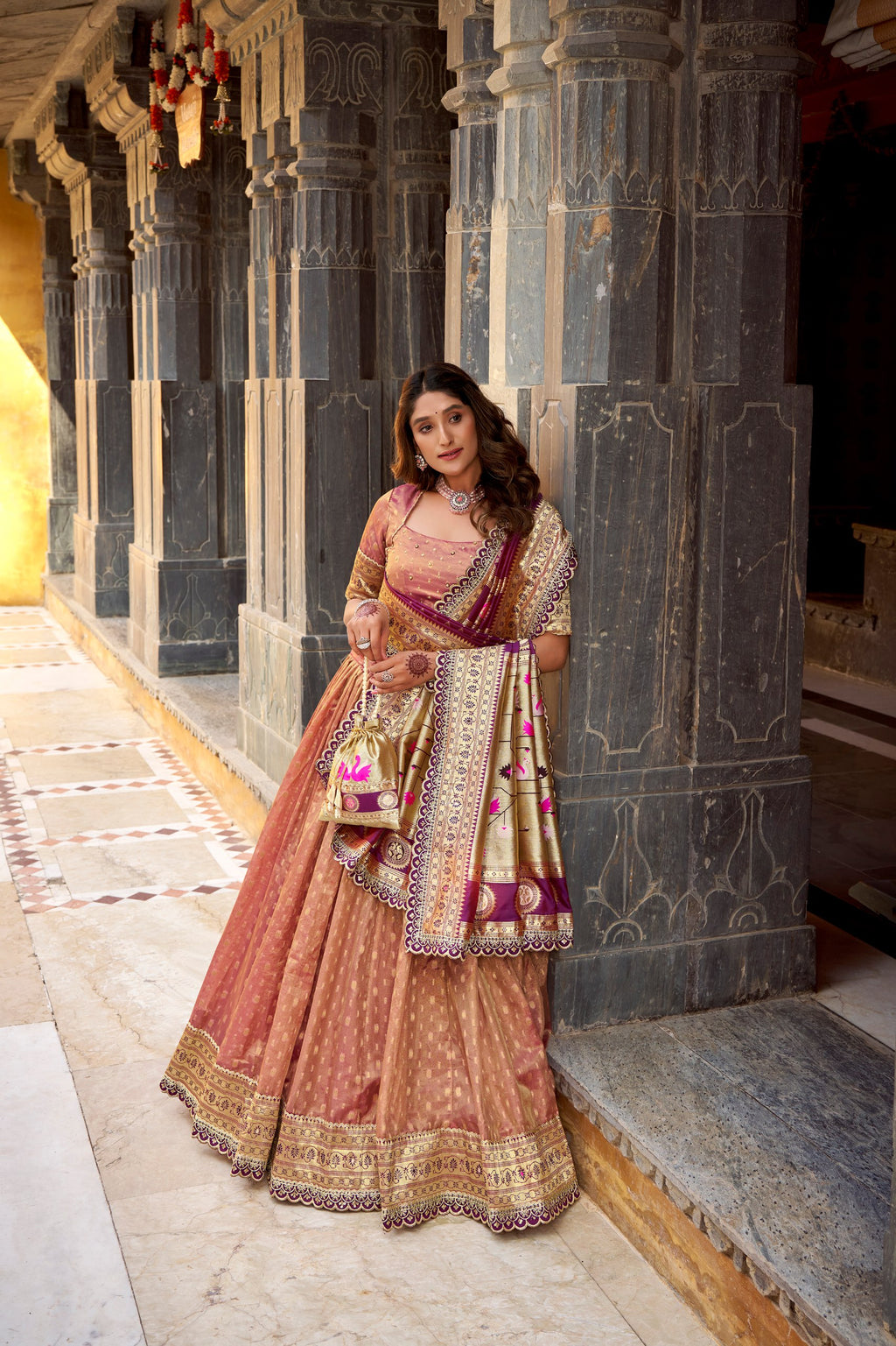 Elegant Simmer Organza Zari Work Lehenga Set With Batwa For Women

