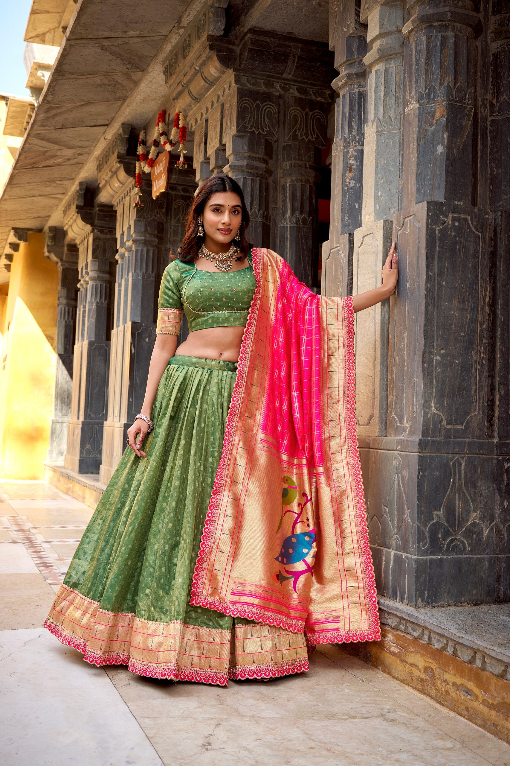 Elegant Simmer Organza Zari Work Lehenga Set With Batwa For Women
