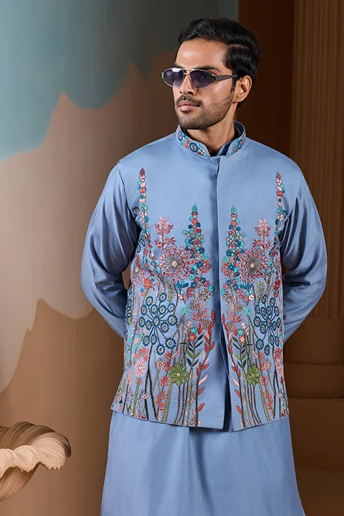 Vibrant Sky Blue Koti Kurta Pajama for Mens Outfits