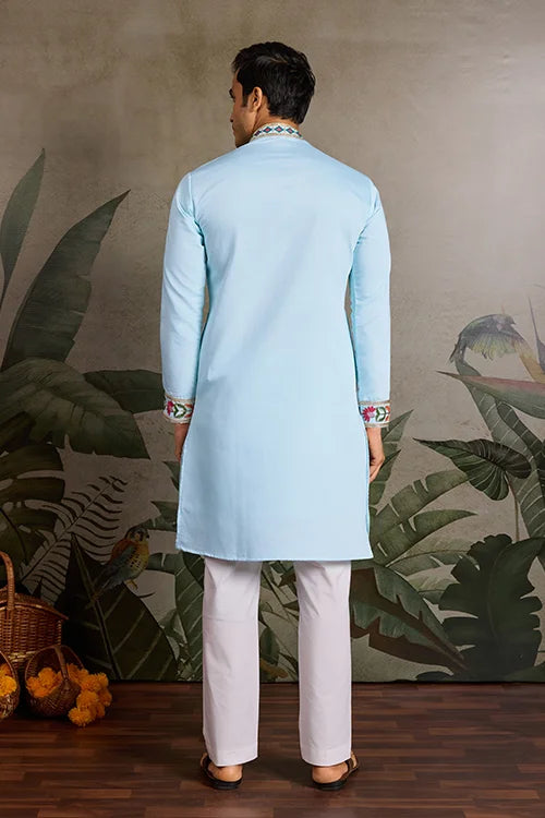 Premium Sky Blue Embroidered Mens Kurta for Celebrations