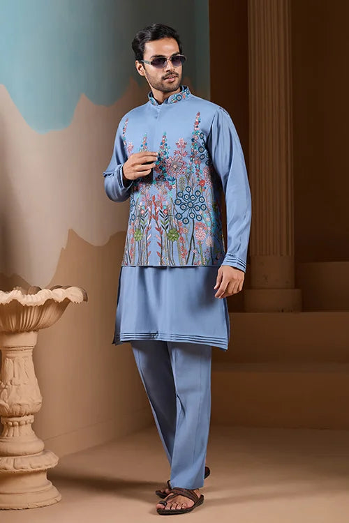 Vibrant Sky Blue Koti Kurta Pajama for Mens Outfits
