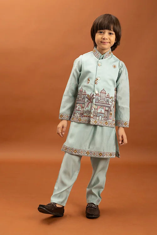 Wedding Sky Blue Koti Kurta Set for Kids 6-12 Yrs