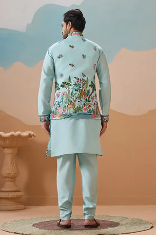 Stylish Sky Color Mens Koti Kurta Set Collection