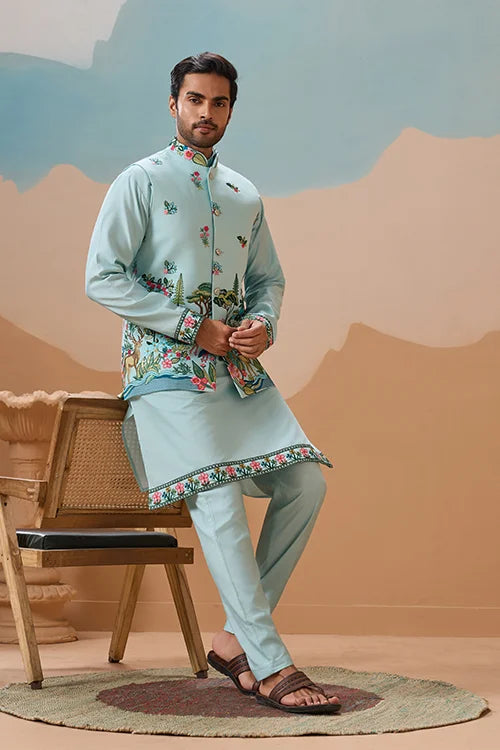 Stylish Sky Color Mens Koti Kurta Set Collection