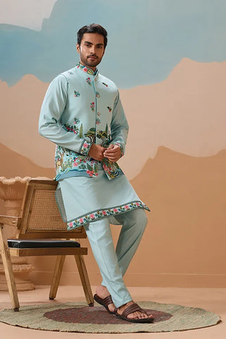 Stylish Sky Color Mens Koti Kurta Set Collection