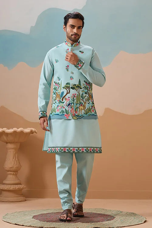 Stylish Sky Color Mens Koti Kurta Set Collection