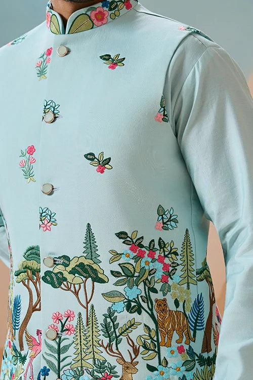 Stylish Sky Color Mens Koti Kurta Set Collection