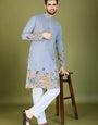 Sky Color Thread with Embroidered Cotton Gents Kurta