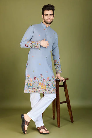 Sky Color Thread with Embroidered Cotton Gents Kurta