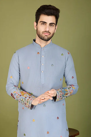 Sky Color Thread with Embroidered Cotton Gents Kurta