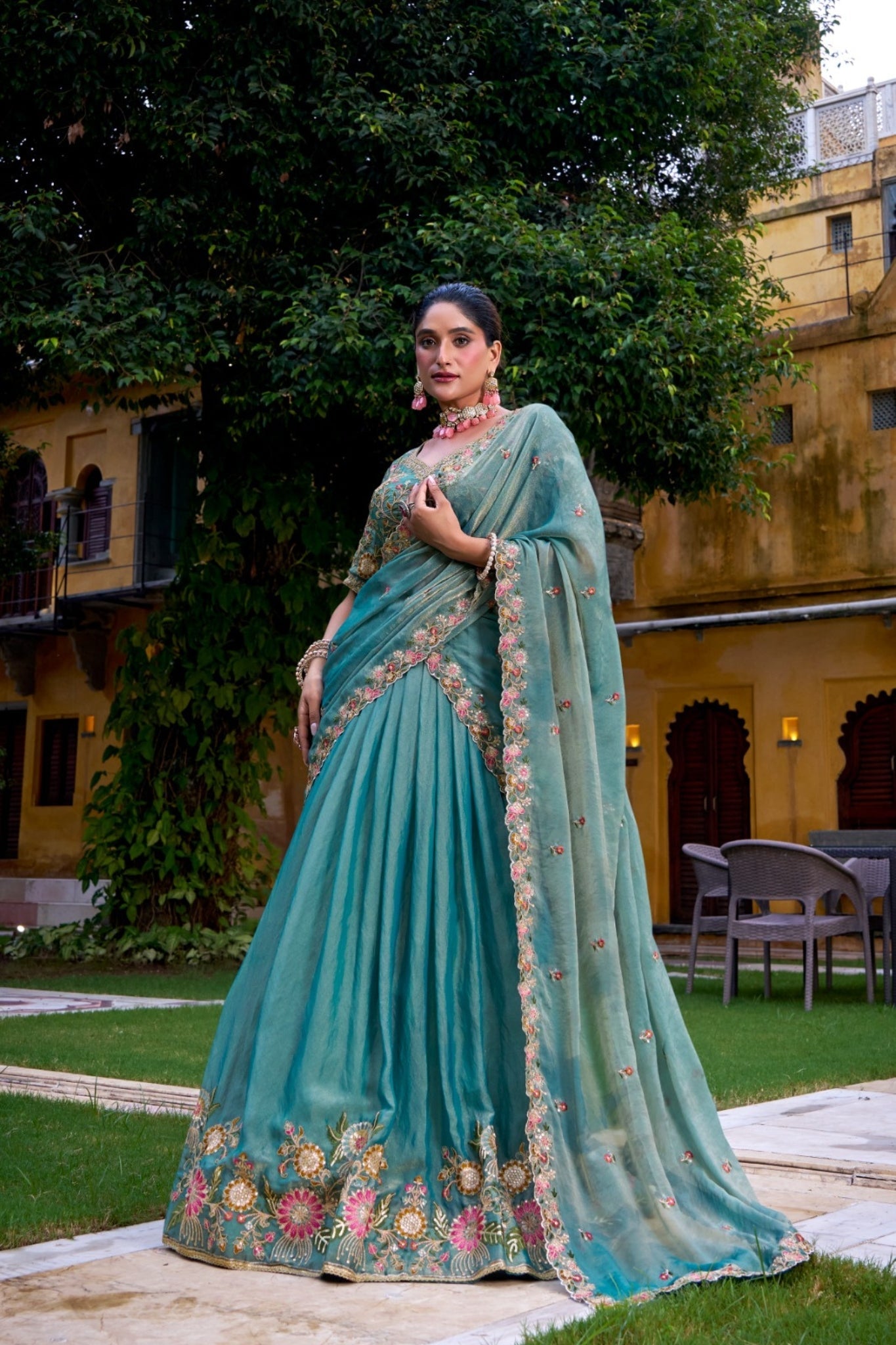 Pastel Floral Zari Shimmer Sky Blue Wedding Lehenga Choli