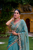 Pastel Floral Zari Shimmer Sky Blue Wedding Lehenga Choli
