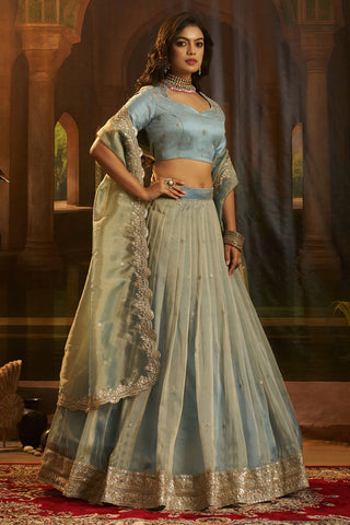 Sky Blue Premium Hiranya Silk Lehenga Set Featuring Art Silk Blouse And Detailed Embroidered Dupatta