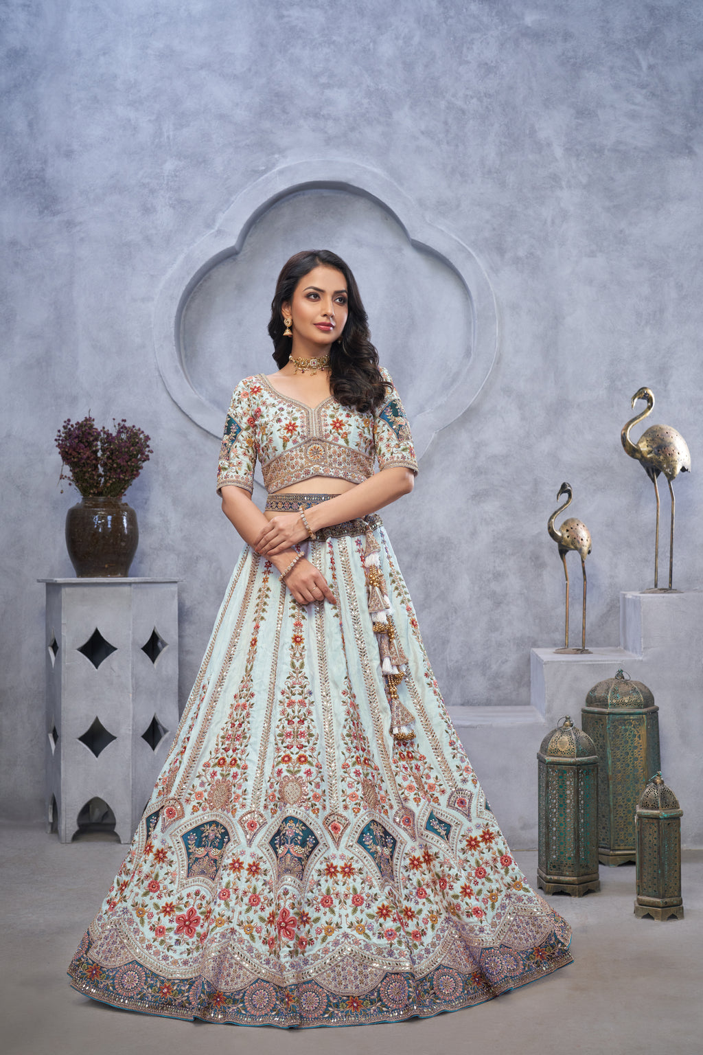Sky Blue Zari Embroidered Lehenga with Peacock Motifs