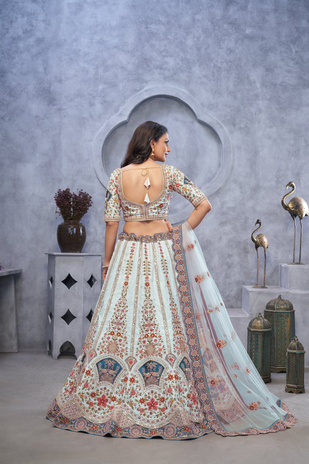Sky Blue Zari Embroidered Lehenga with Peacock Motifs