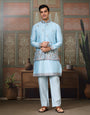 Sky Blue Embroidered Silk Koti Kurta Set for Mens