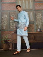 Sky Blue Embroidered Silk Koti Kurta Set for Mens