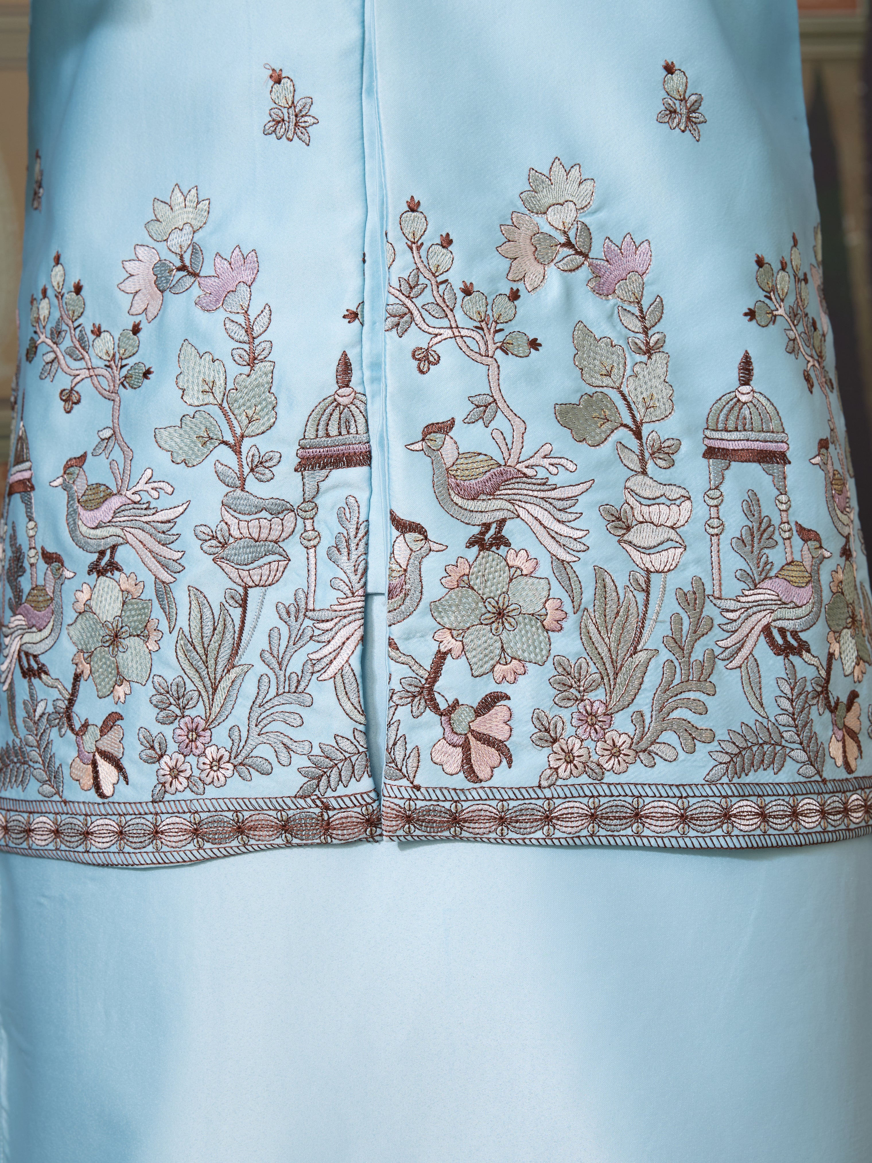 Sky Blue Embroidered Silk Koti Kurta Set for Mens