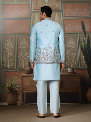 Sky Blue Embroidered Silk Koti Kurta Set for Mens