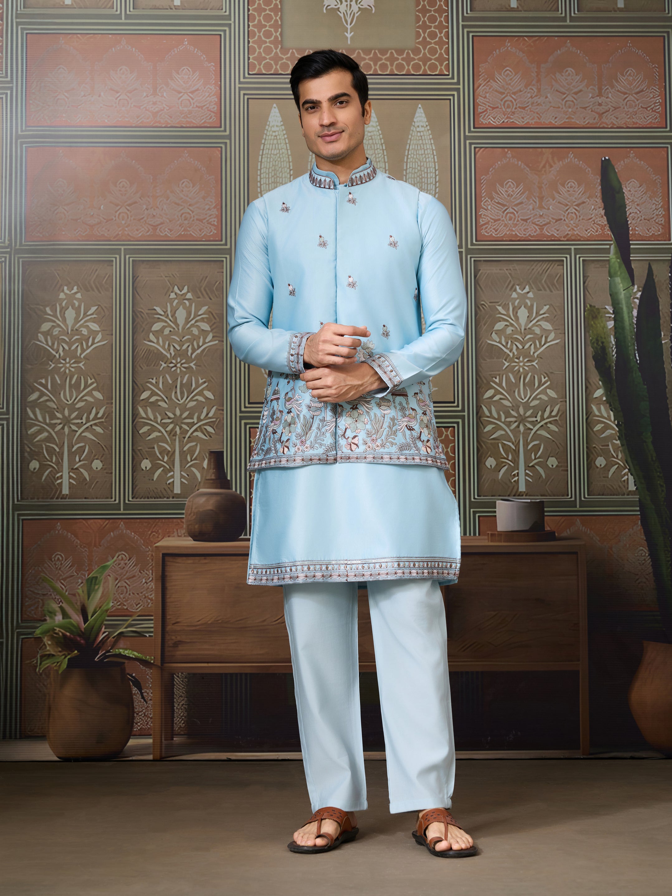 Sky Blue Embroidered Silk Koti Kurta Set for Mens
