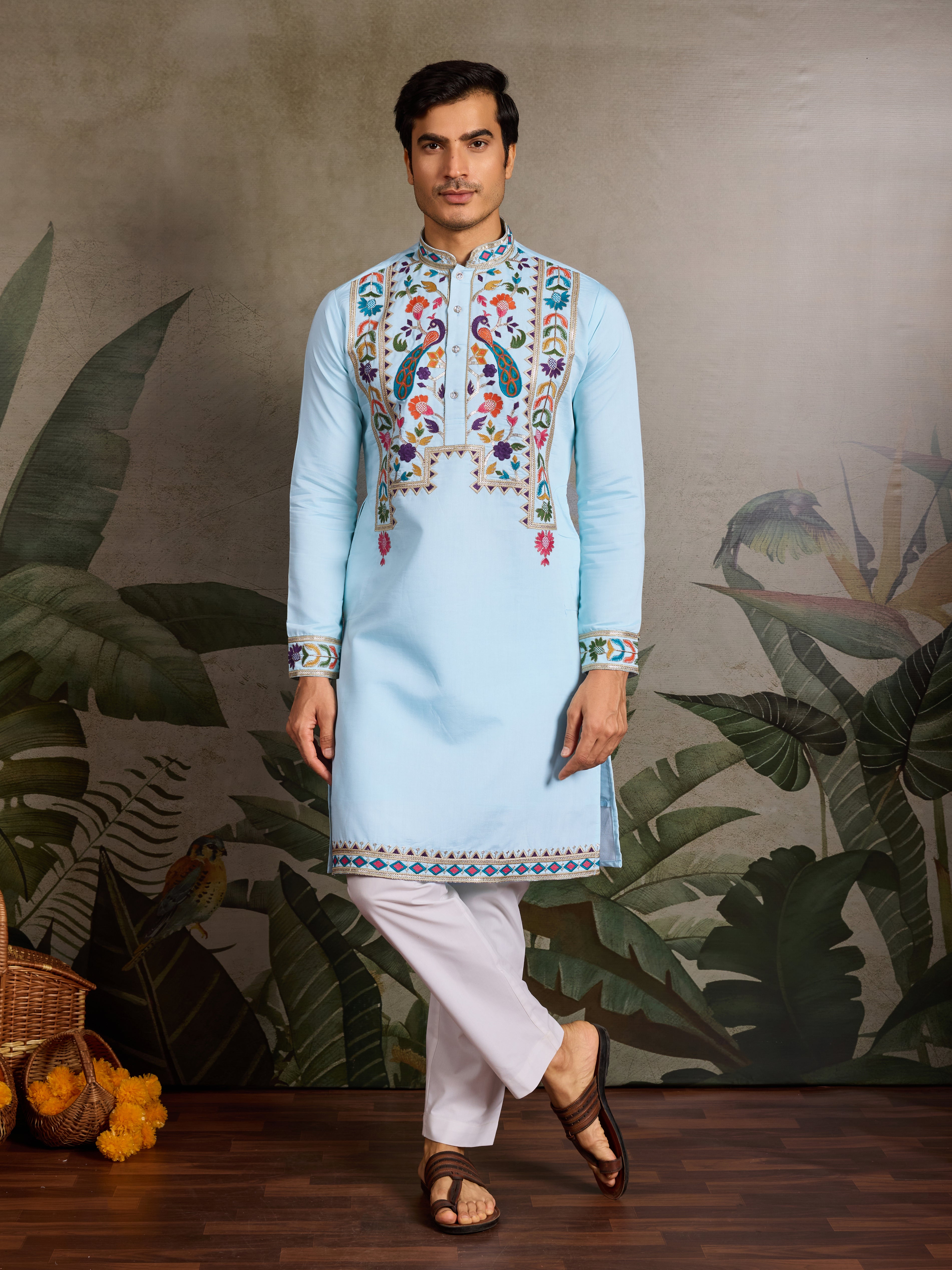 Premium Sky Blue Embroidered Mens Kurta for Celebrations