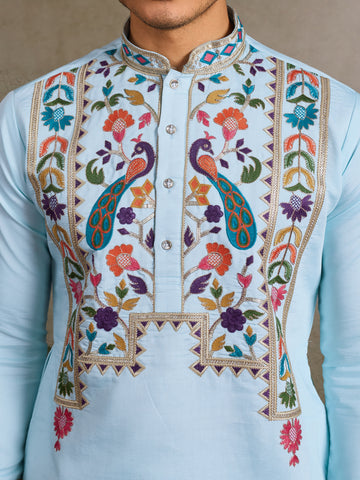 Premium Sky Blue Embroidered Mens Kurta for Celebrations