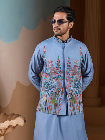 Vibrant Sky Blue Koti Kurta Pajama for Mens Outfits