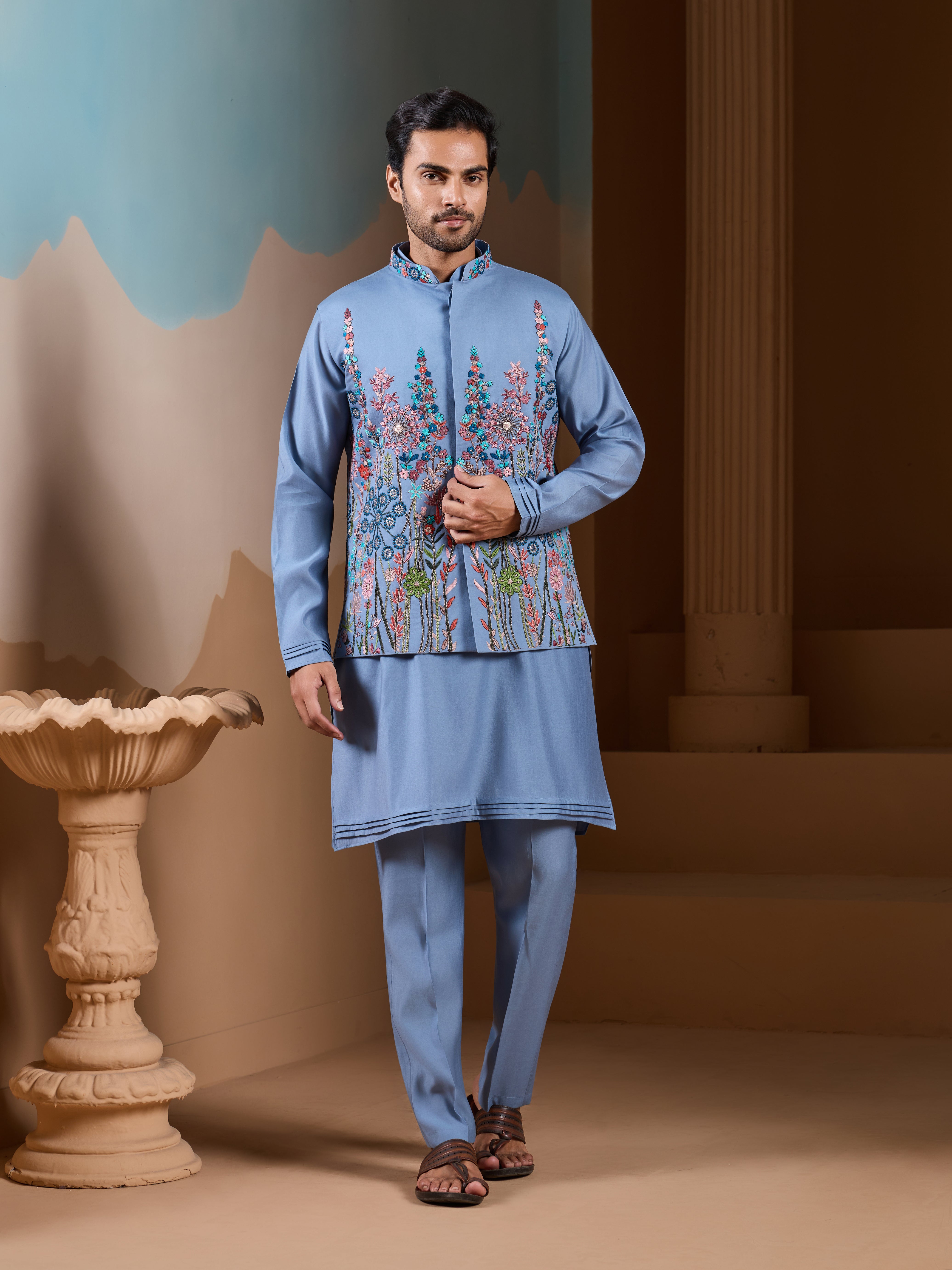 Vibrant Sky Blue Koti Kurta Pajama for Mens Outfits
