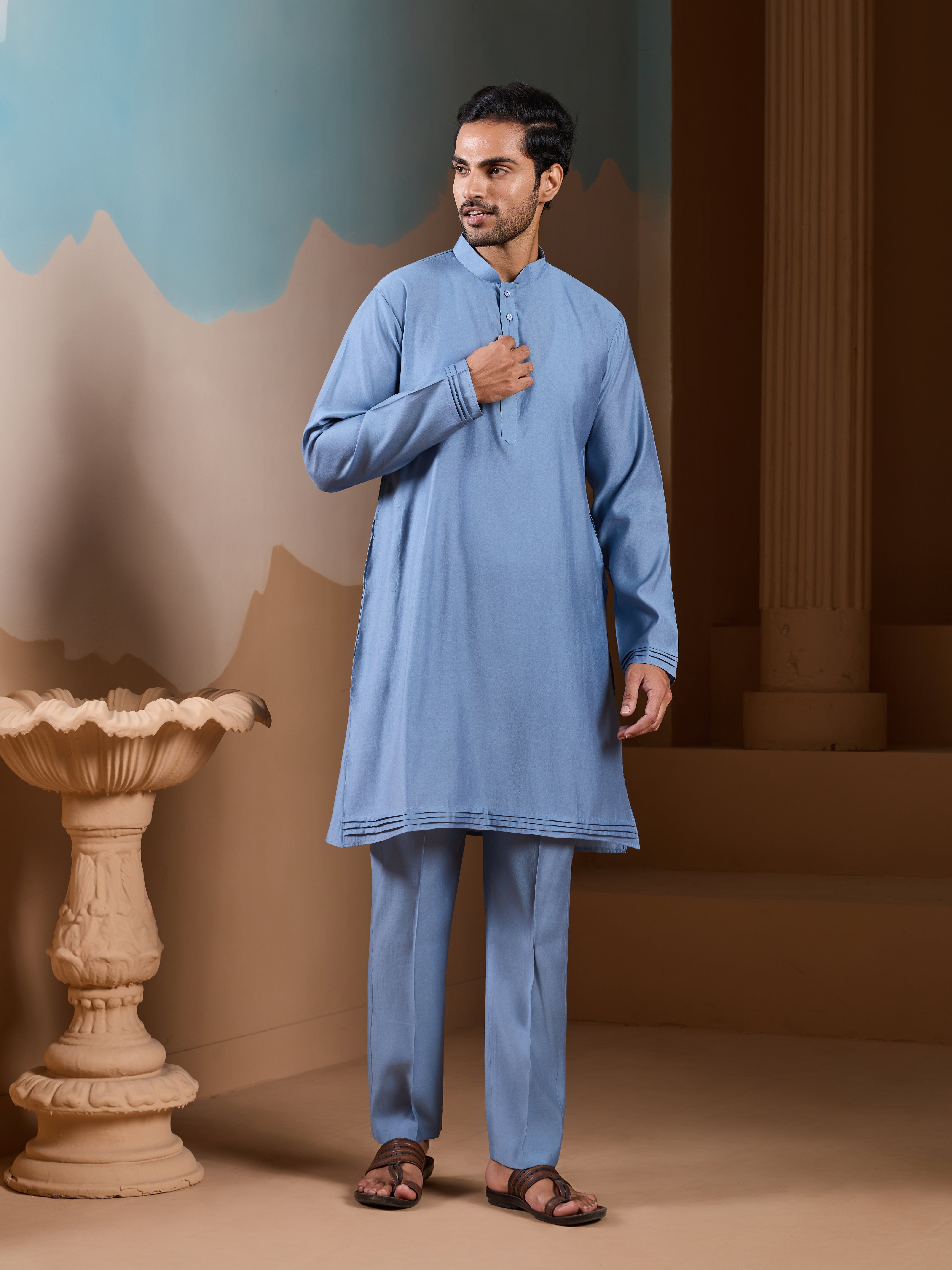 Vibrant Sky Blue Koti Kurta Pajama for Mens Outfits
