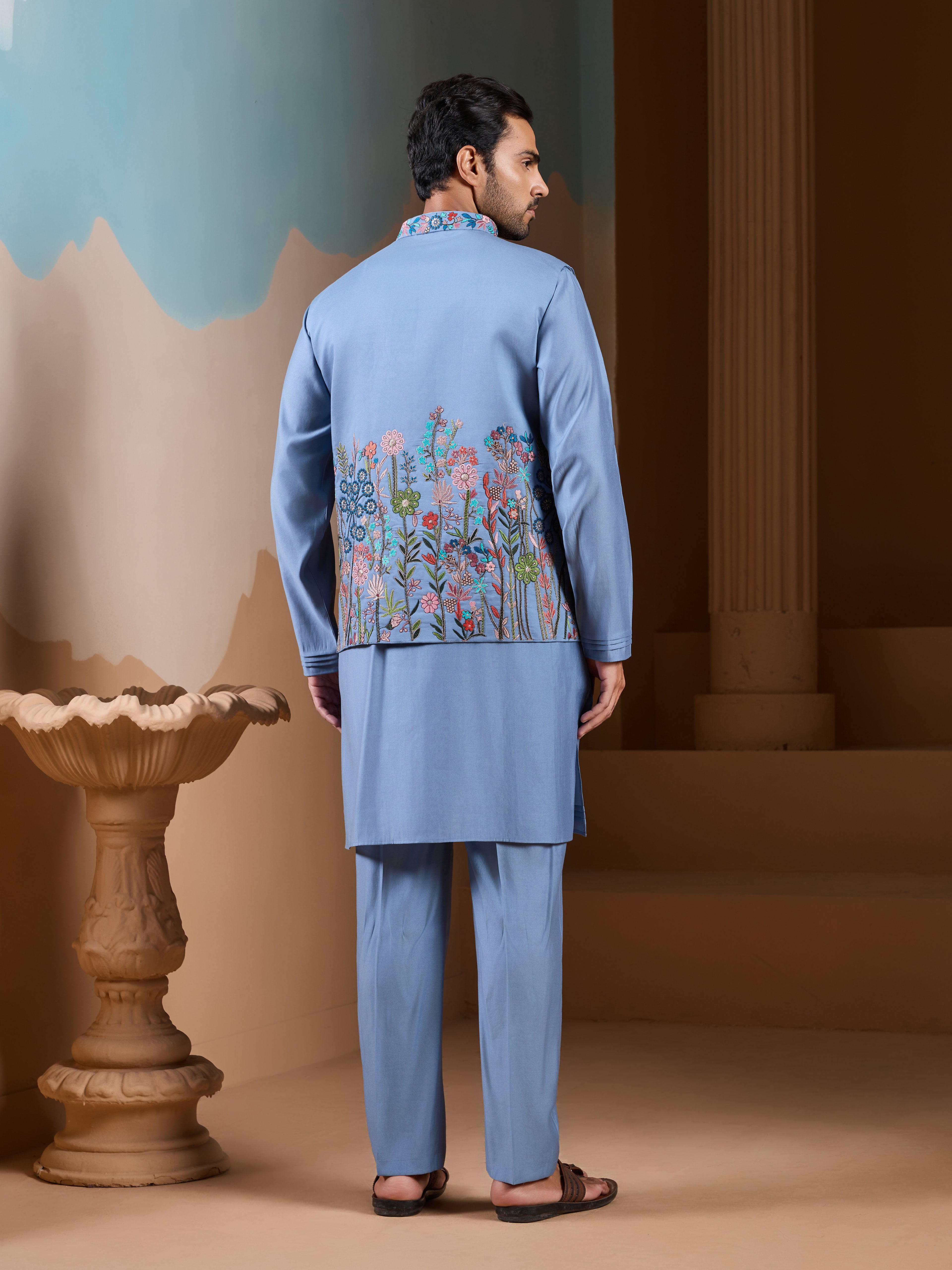 Vibrant Sky Blue Koti Kurta Pajama for Mens Outfits
