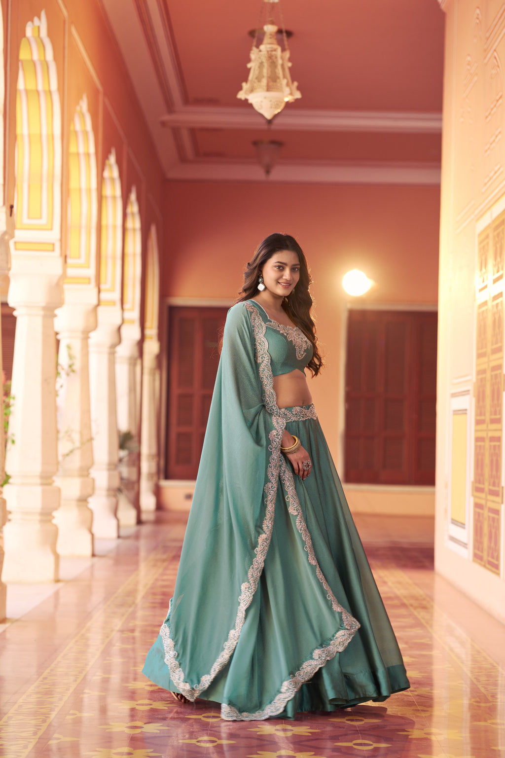 Sky Blue Rangoli Silk Thread Embroidery Lehenga Choli Set for Women
