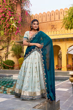 Traditional Sky Blue Slub Kota Zari Woven Lehenga with NC Moss Dupatta
