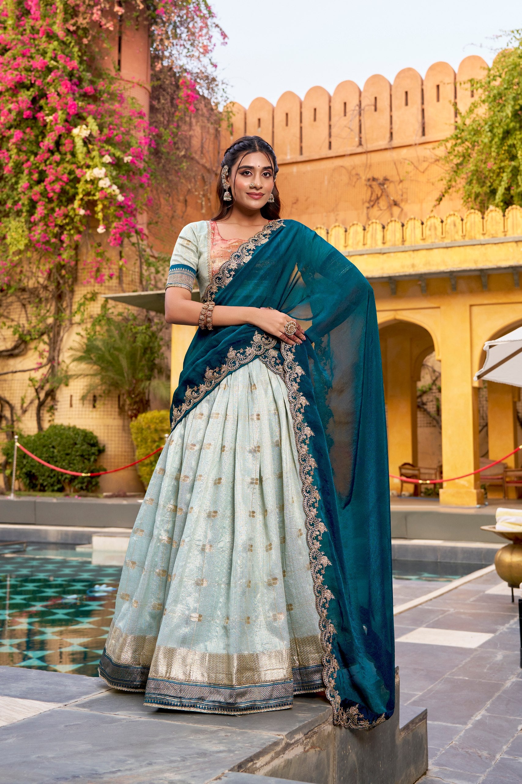 Traditional Sky Blue Slub Kota Zari Woven Lehenga with NC Moss Dupatta
