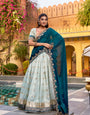 Traditional Sky Blue Slub Kota Zari Woven Lehenga with NC Moss Dupatta