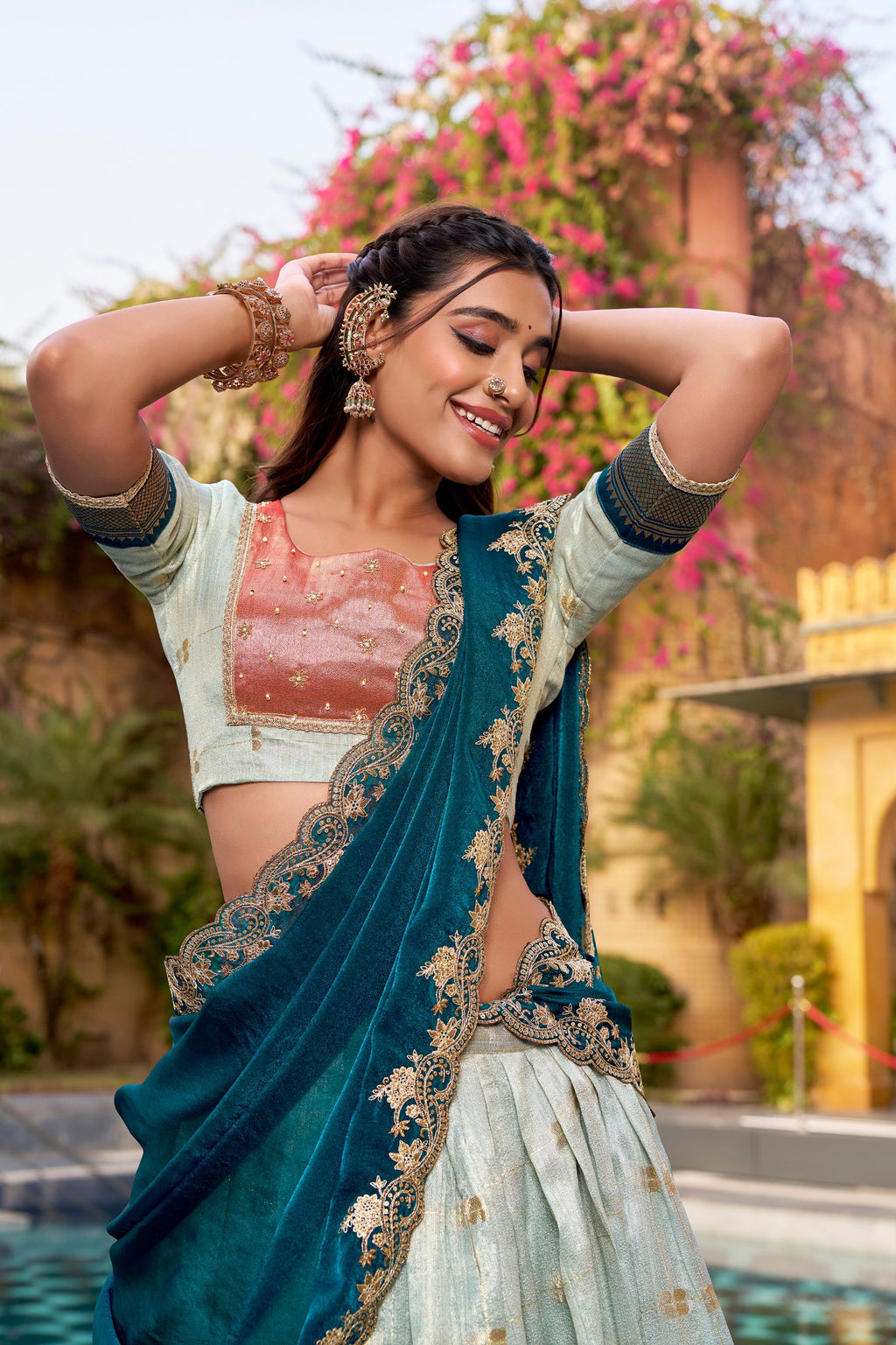 Traditional Sky Blue Slub Kota Zari Woven Lehenga with NC Moss Dupatta
