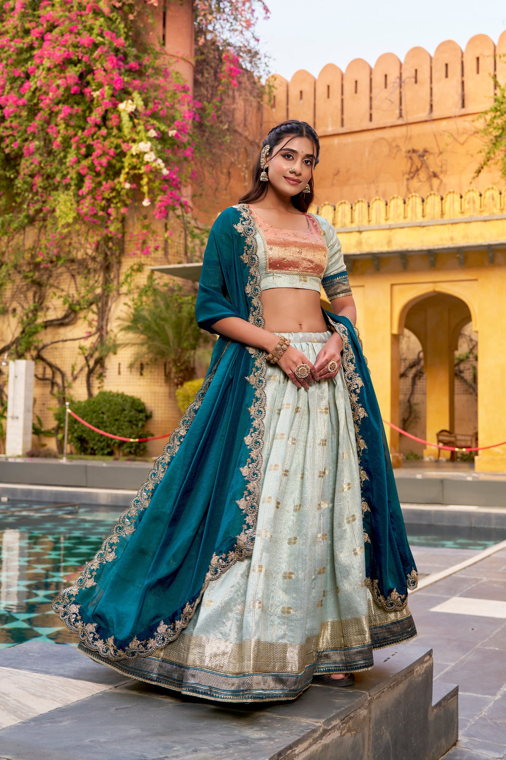 Traditional Sky Blue Slub Kota Zari Woven Lehenga with NC Moss Dupatta
