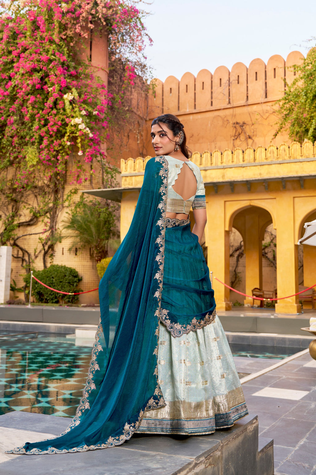 Traditional Sky Blue Slub Kota Zari Woven Lehenga with NC Moss Dupatta
