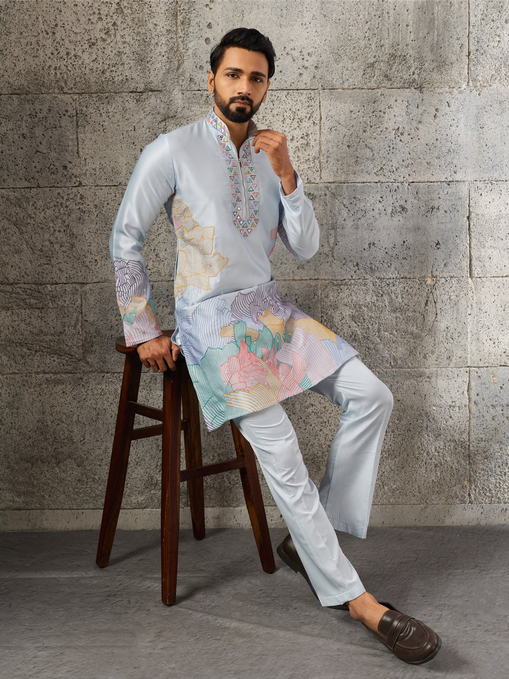 Radiant Sky Blue Soft Silk Sequence Embroidered Kurta For Men
