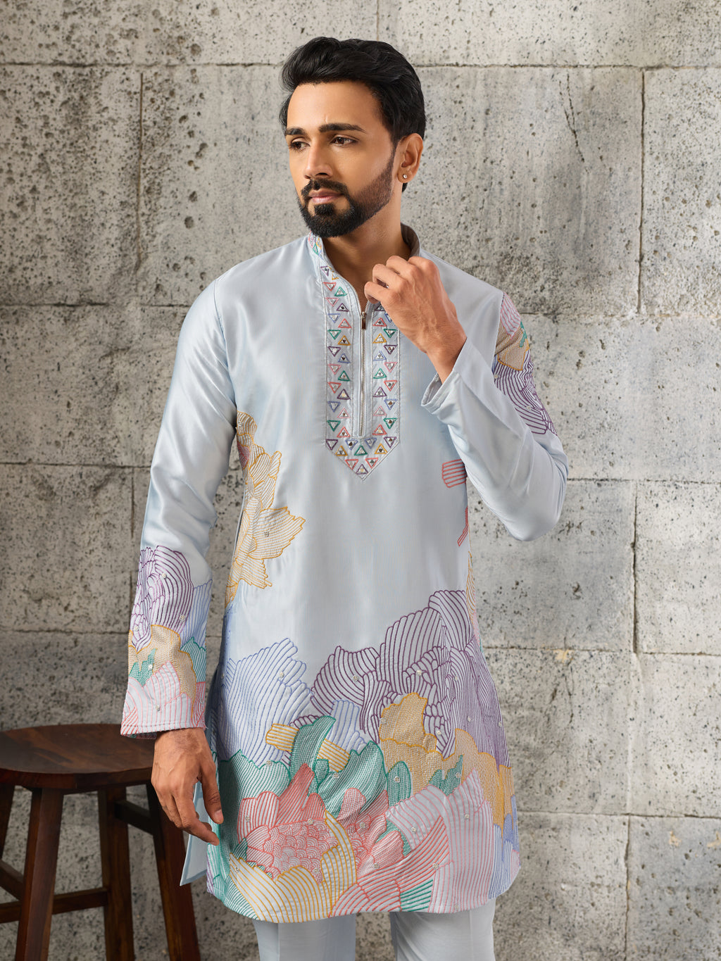 Radiant Sky Blue Soft Silk Sequence Embroidered Kurta For Men
