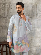 Radiant Sky Blue Soft Silk Sequence Embroidered Kurta For Men
