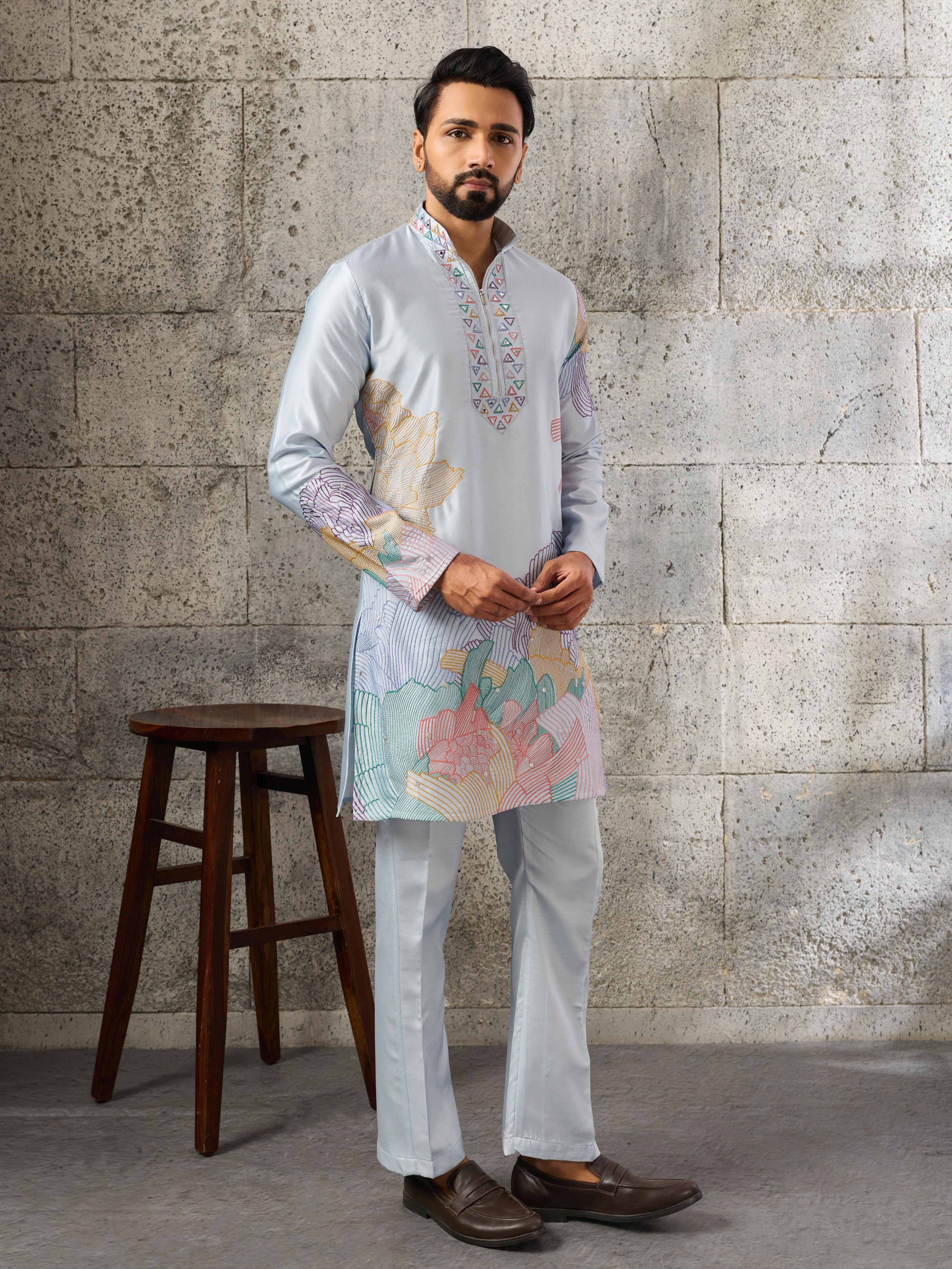 Radiant Sky Blue Soft Silk Sequence Embroidered Kurta For Men
