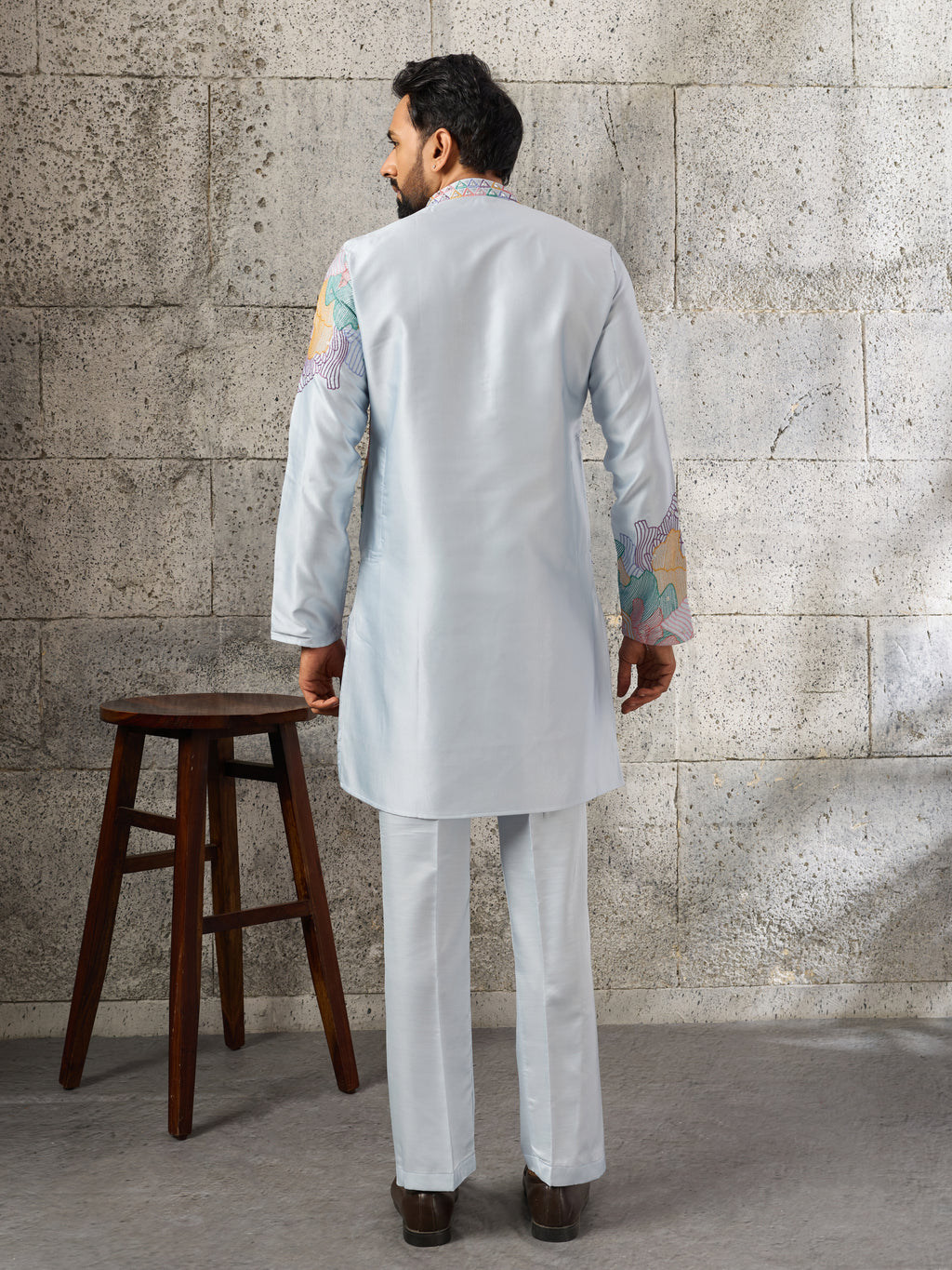 Radiant Sky Blue Soft Silk Sequence Embroidered Kurta For Men
